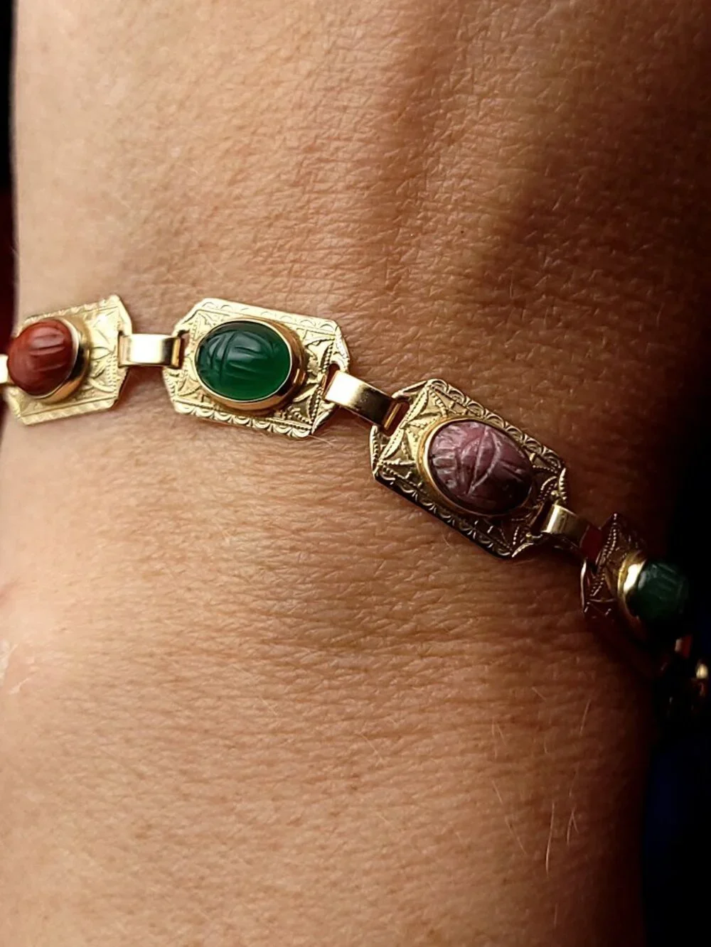 10K Gold and Semi-Precious Stone Scarab Bracelet